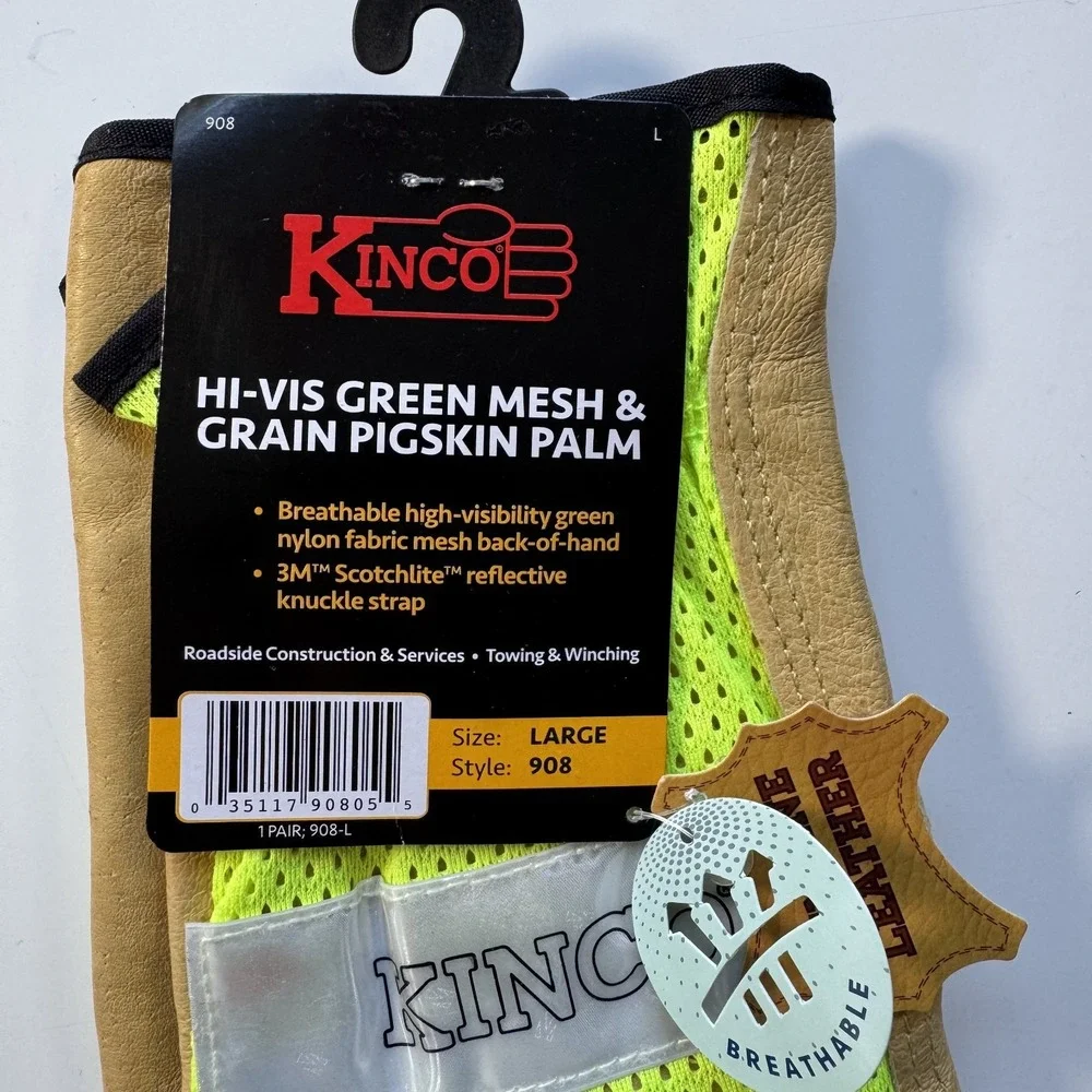 Lot of 2 KINCO Work Gloves Hi-Vis Mesh Grain Pigskin & Palm Sandy Finish PVC Lrg